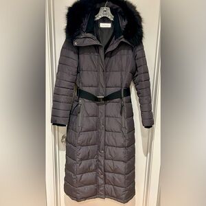 Women’s Calvin Klein Long belted Puffer coat with Hood & detachable Faux Fur Lge